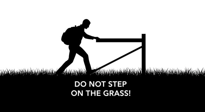Man with backpack ignoring no stepping on grass warning sign