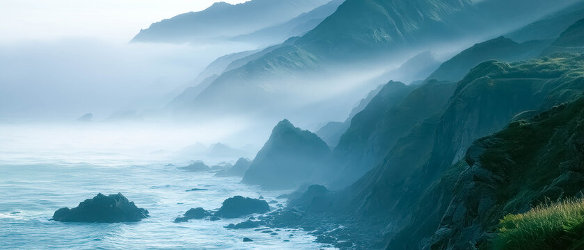 Early morning fog drifting above quiet seaside cliffs with gentle sunlight breaking through mist, dreamy coastal landscape