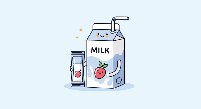Adorable kawaii style characters representing a milk carton and a small juice box with cute faces and sparkling star accents.