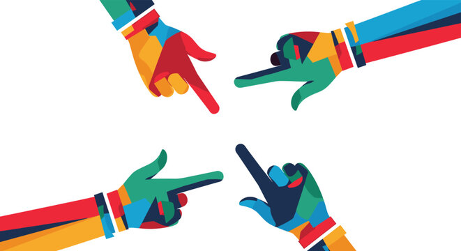Artistic representation of four diverse hands pointing toward a central point to signify collaboration unity and shared goals.