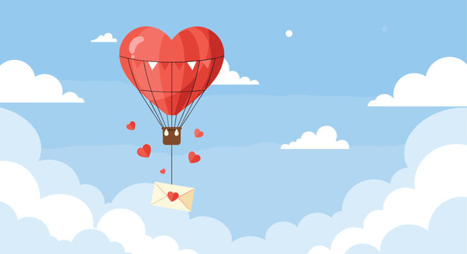Romantic hot air balloon in the shape of a red heart flying through a cloudy blue sky while carrying a love letter for a gift.