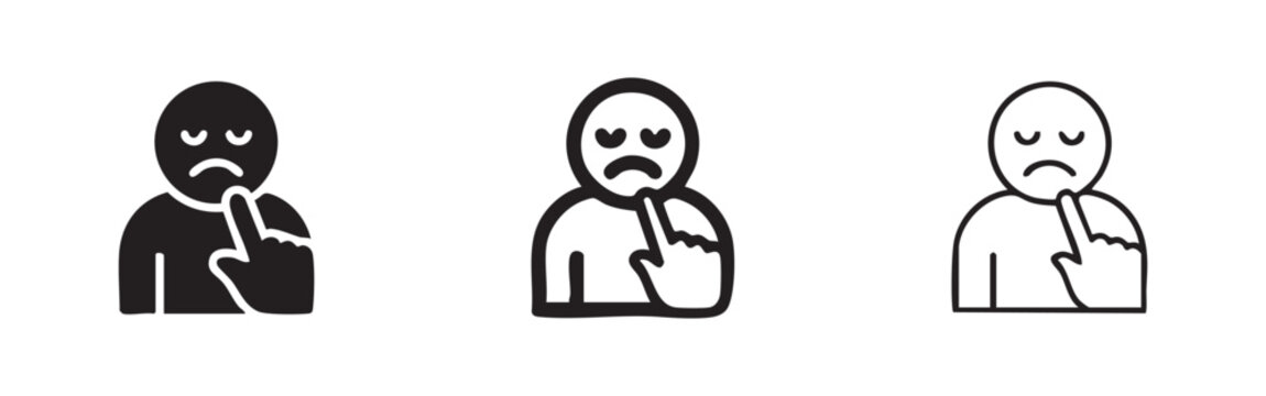 Sad user or person with finger on lips icon set. Disappointment or silent suffering symbol in solid, outline, and hand-drawn styles.