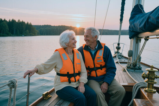 Senior Caucasian couple sitting on sailboat, smiling and bonding during lake cruise at sunset, expressing active retirement and travel lifestyle. Ideal for senior tourism or insurance marketing