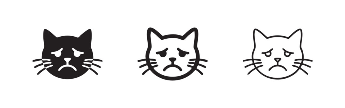 Sad cat face icon set - Depressed feline cartoon illustration