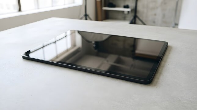 Sleek black tablet with reflective screen lying on a modern minimalist surface, ideal for app display mockups