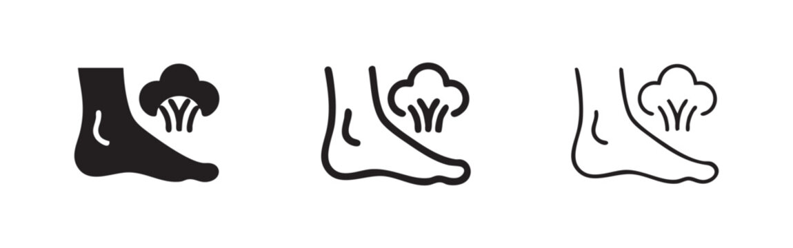 Foot discomfort or swelling icon, representing a problem area or inflammation on the foot in three styles: solid, outline, and thin line.