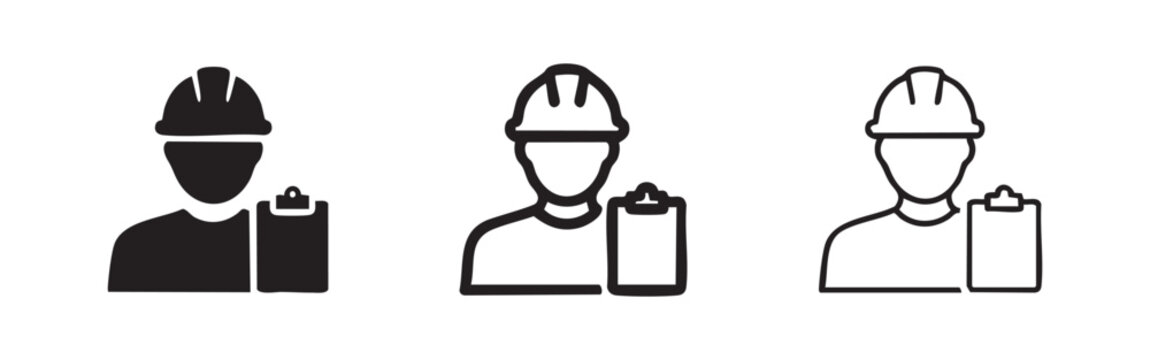Male Construction Worker or Inspector with Clipboard Icon Set