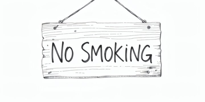 Minimalist hand drawn wooden no smoking placard in pencil sketch style with graphite shading, realistic line art and clean monochrome background.