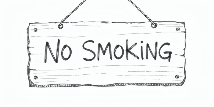 Minimalist hand drawn wooden no smoking placard in pencil sketch style with graphite shading, realistic line art and clean monochrome background.