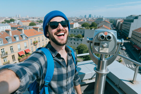 Portrait of young adult Caucasian man taking selfie at urban viewpoint, traveling and sightseeing with observation binoculars. Ideal for tourism marketing, city travel ads