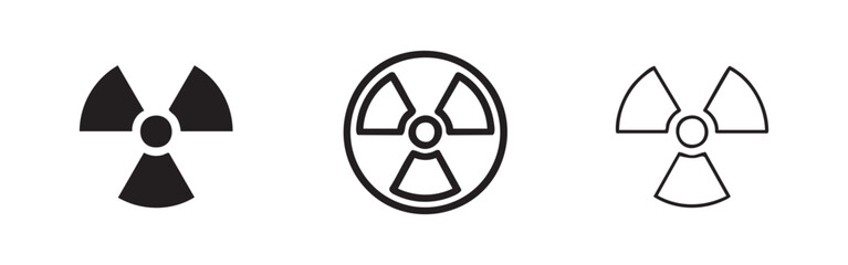 Fototapeta premium Radiation hazard symbol icon set. Universal warning for radioactive materials in solid, outline, and hand-drawn styles.