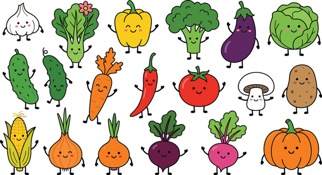 Cute cartoon vegetable character vector set featuring friendly smiling garden veggies including tomato broccoli carrot pumpkin pepper potato and onion graphic illustration