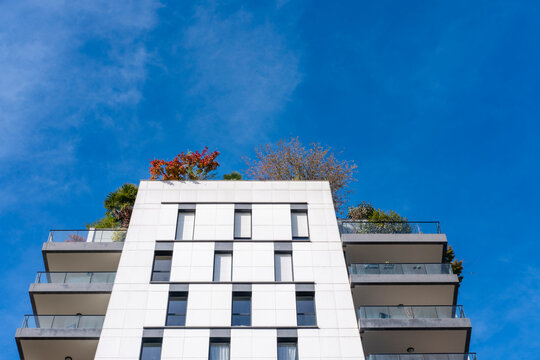 Rooftop planting crowns a Paris Rive Gauche apartment facade, balancing modern residential architecture with urban housing terraces and sky