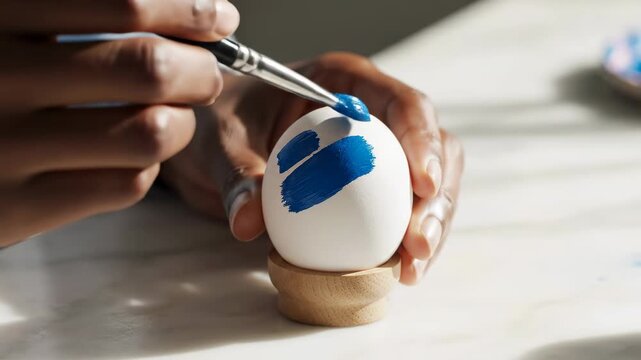 Hands paint blue patterns on white egg resting on wooden holder. Bright setting with clean surface. Concept of art, crafts, holiday decorations