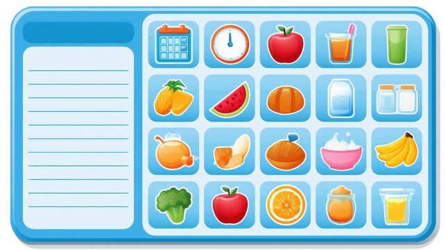 A colorful wall chart with icons for daily activities including fruits, drinks, and meal times for children to follow.