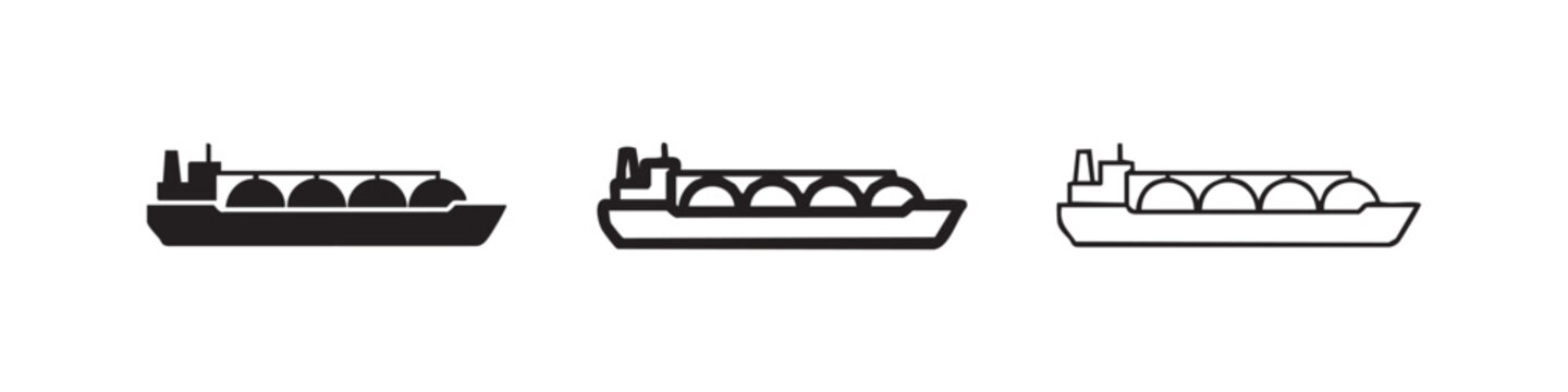 LNG Tanker Ship Icon Set, Cargo Vessel Gas Carrier Symbol, Solid and Outline Vector Illustrations