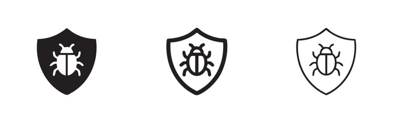Pest protection icon set in solid, outline, and thin line styles. Shield with a beetle, representing bug defense or antivirus. © liubomir118809