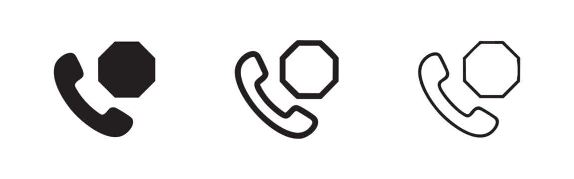 Blocked call icon set in solid, outline, and thin line styles. Phone receiver with stop symbol for communication restriction.