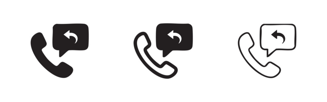 Callback icon set in solid, outline, and thin line styles. Phone receiver with speech bubble and return arrow.