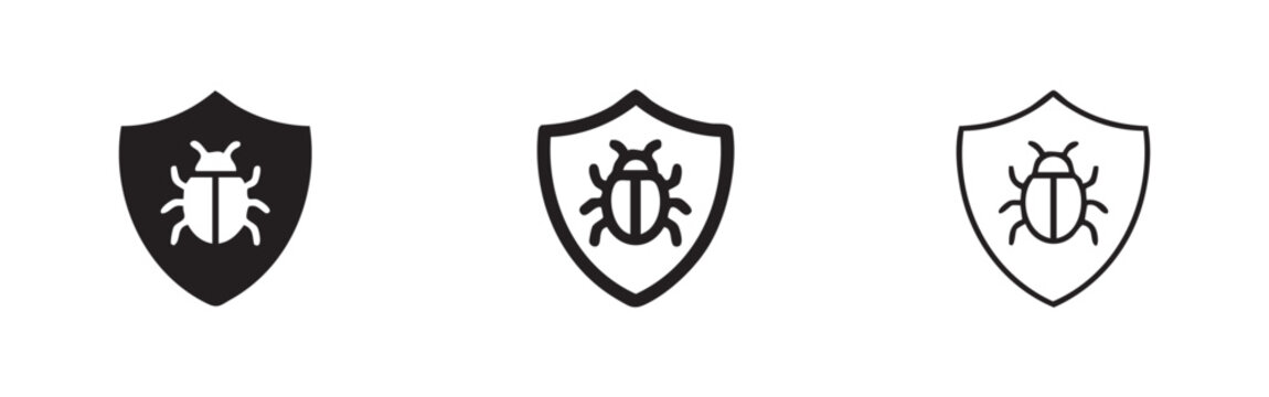Pest protection icon set in solid, outline, and thin line styles. Shield with a beetle, representing bug defense or antivirus.