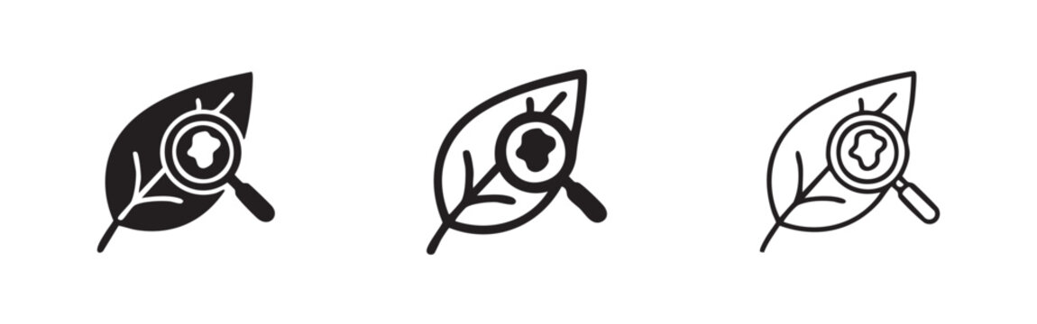 Plant disease inspection icon set in solid, outline, and thin line styles. Leaf with magnifying glass, pest analysis.