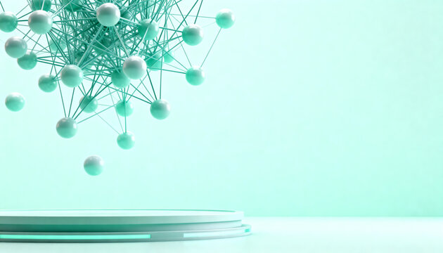 futuristic 3d diagram of a neural network being decoded with floating spheres and connecting lines in a better soft pastel color palette with large copy space
