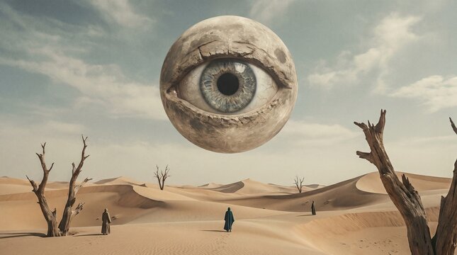 Desert landscape illustration with cactus and artistic eye symbol design
