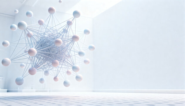 futuristic 3d diagram of a neural network being decoded with floating spheres and connecting lines in a better soft pastel color palette with large copy space