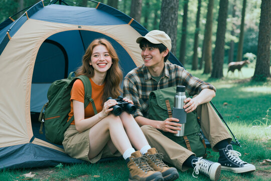 Young adult couple camping beside tent, holding binoculars and bottle, resting during forest hike and wildlife watching. Ideal for travel marketing, outdoor lifestyle, eco tourism