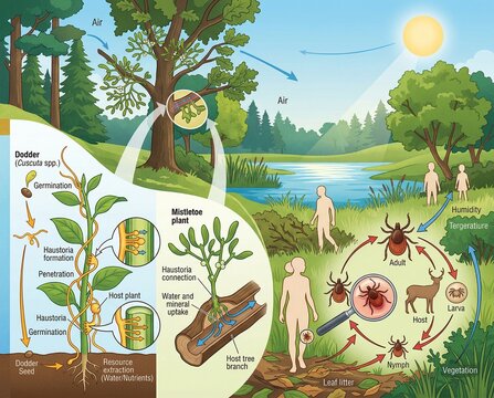 Scientific diagram explaining mistletoe's parasitic plant life cycle and the intricate transmission of tickborne diseases in a natural ecosystem
