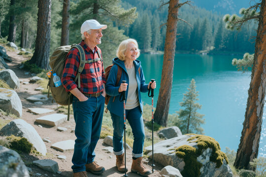 Senior Caucasian couple hiking beside mountain lake, using trekking poles and backpacks, representing active retirement and healthy lifestyle. Ideal for travel, wellness, insurance marketing