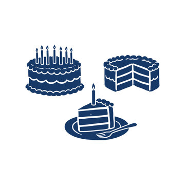 Vintage birthday cake vector icons, hand drawn blue dessert illustrations, celebration cake slice with candle and fork, bakery logo elements
