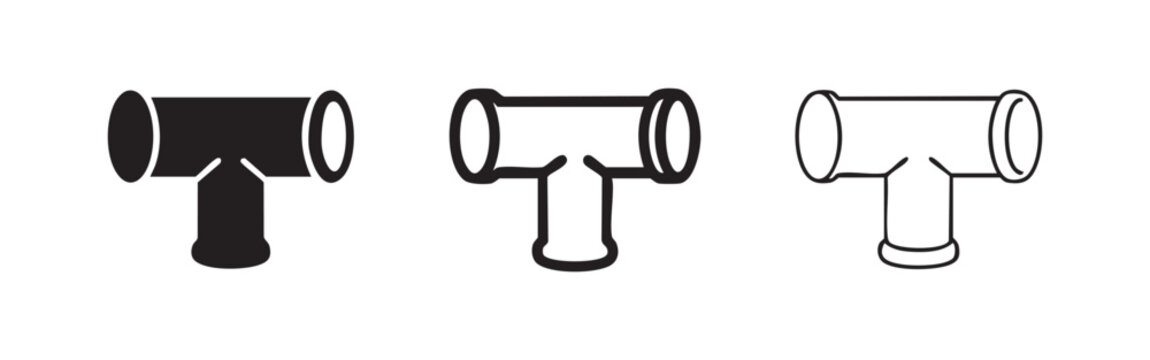 Pipe Fitting (Tee) Icon Set: Solid, Outline, and Filled Outline