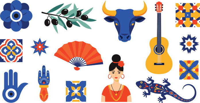 Spanish and Mediterranean Culture Icon Set Featuring Flamenco Dancer, Bull, Guitar, Olive Branch, Nazar Evil Eye, Hamsa Hand, and Talavera Tile Pattern Vector Illustrations