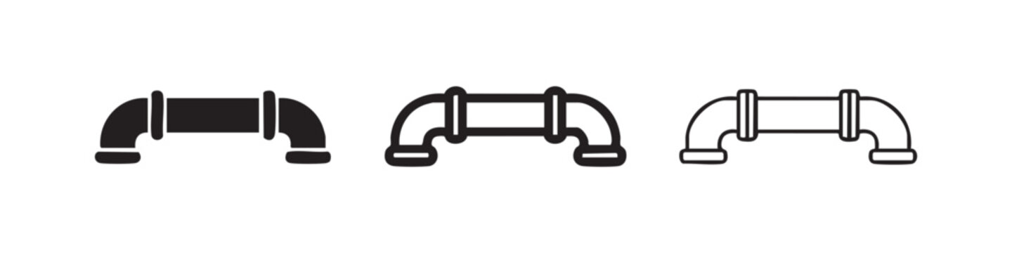 Pipe connection icon set, industrial plumbing element glyphs, curved pipeline vector illustration.