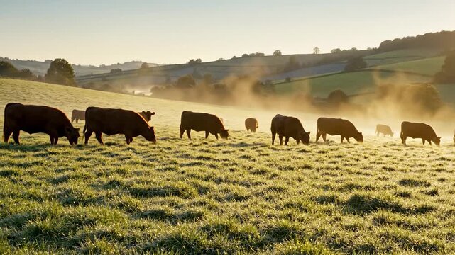 A picturesque herd of cattle grazes peacefully across rolling verdant pastures under a softly luminous dawn sky, creating a tranquil agricultural landscape