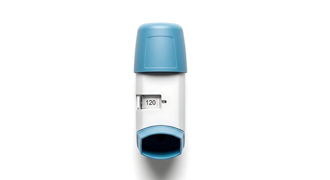 Close-up of blue asthma inhaler with dose counter showing 120 on white background