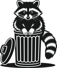 Raccoon in trash can silhouette vector, funny wild animal character icon, raccoon bandit illustration isolated on white background © Creative Juel 