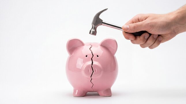 Hand holding a metal hammer about to smash a cracked pink piggy bank on white background