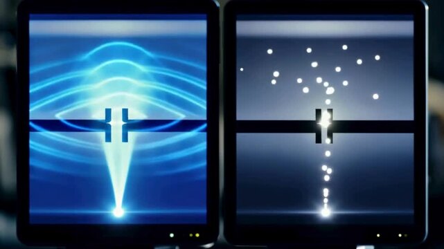 Quantum Wave-Particle Duality, Dual-Screen Physics Visualization, Electromagnetic Field Interaction