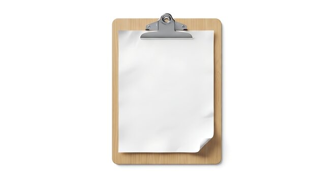 Professional wooden clipboard with blank white paper sheet and metal clip isolated on white background for business document display and corporate branding mockup presentation