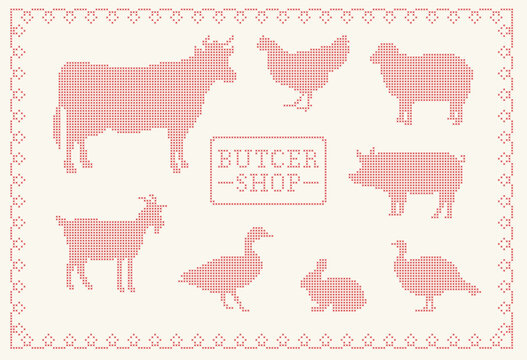Cross farm animal set in vintage style with cow, pig, sheep and poultry silhouettes. Embroidery pixel design with rustic butcher shop theme. Perfect for textile, patterns, farm branding.