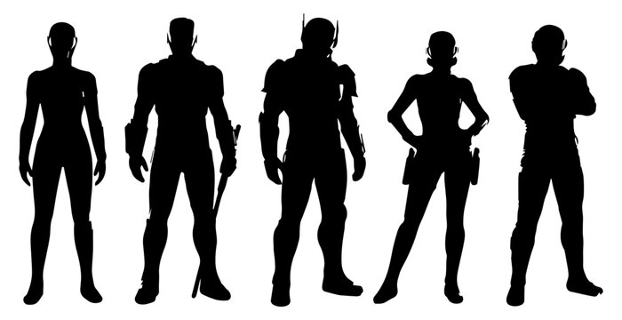 Futuristic Sci-Fi Superhero and Space Soldier Silhouette Set - Character Vector Illustration
