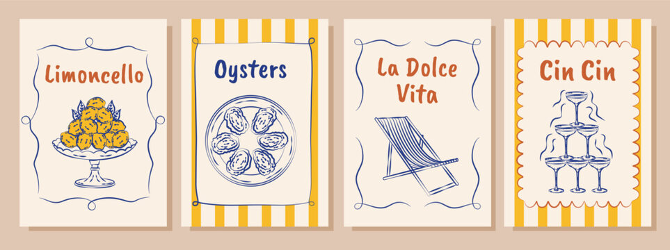 Italian summer posters and cards in hand drawn whimsical style. lemons. Mediterranean. La Dolce Vita. Amalfi coast.