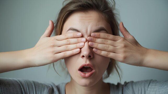 Emotional reaction young woman shields her eyes in shock, overwhelmed by a situation