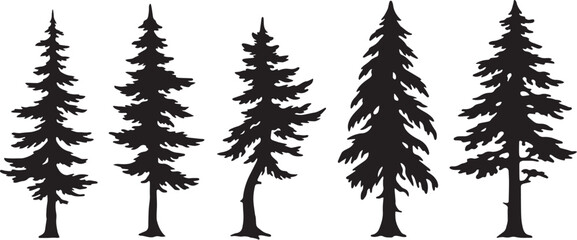 Set of Coniferous Pine Tree Silhouettes Isolated on White Background for Forest Landscape Design © Shaiq