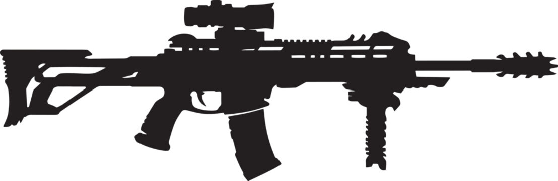Assault Rifle Silhouette with Tactical Scope and Grip - Isolated Black Weapon Vector on White Background