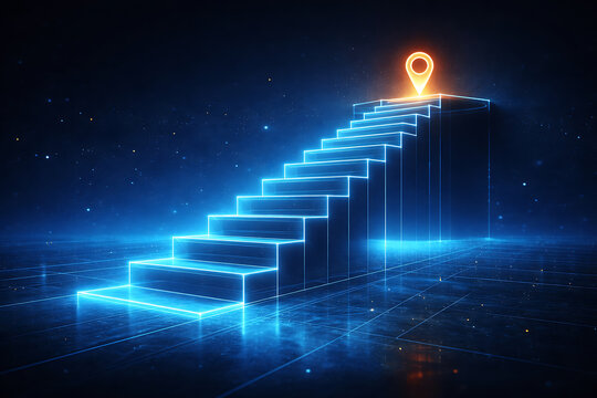 Futuristic glowing staircase ascending toward illuminated location marker in digital space representing business growth strategic planning career advancement innovation and successful achievement