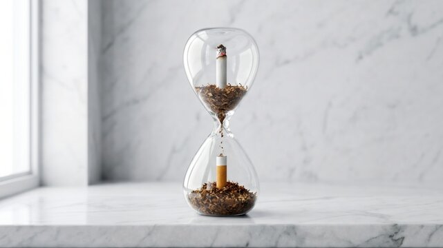An hourglass filled with tobacco and cigarette butts symbolizes the passage of time and the impact of smoking on health.