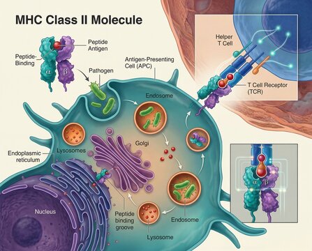 Scientific illustration of the MHC Class II molecule pathway for antigen presentation to helper T cells